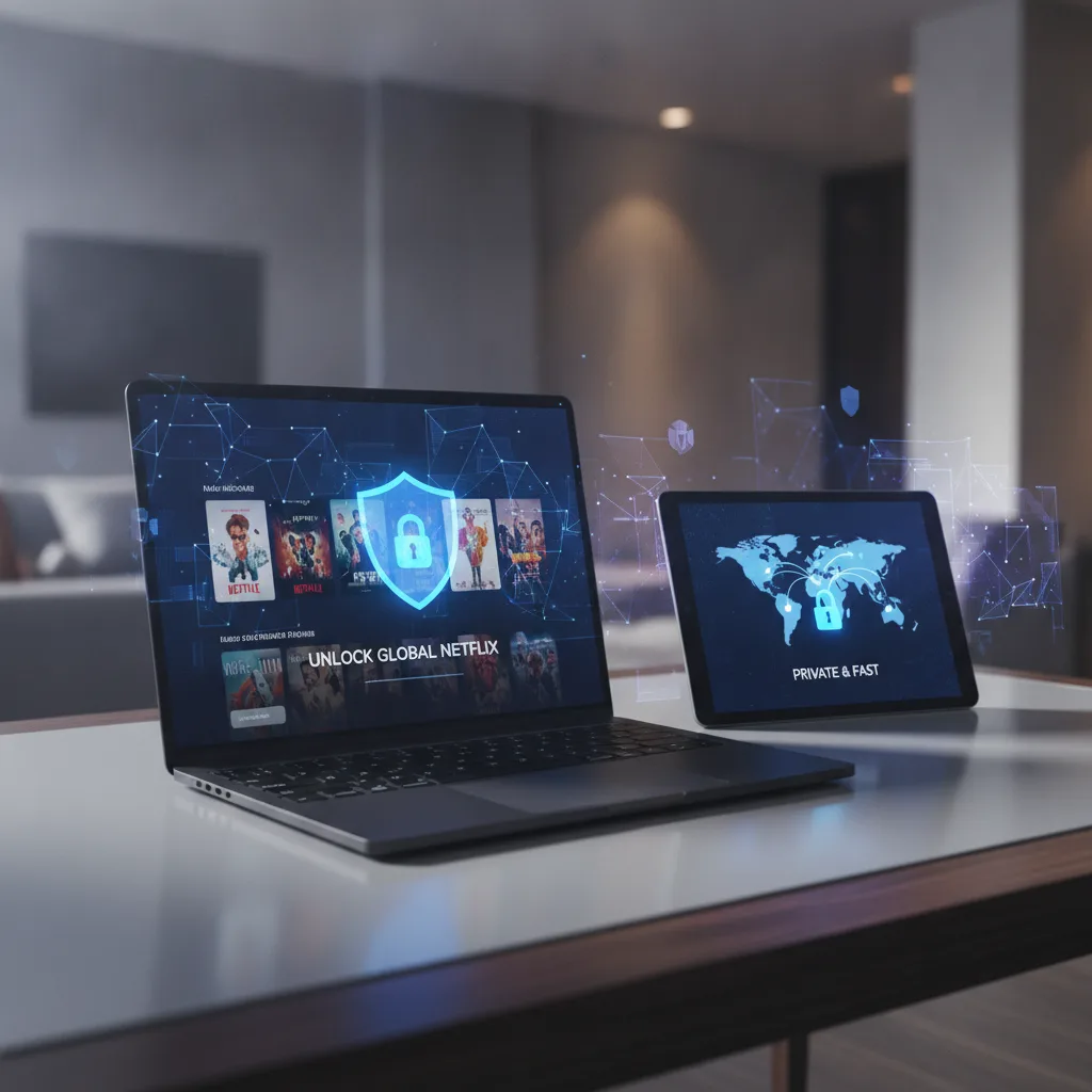 Editorial blog hero image for a VPN product article about: best free VPN for Netflix. Topic context: Best free VPN for N