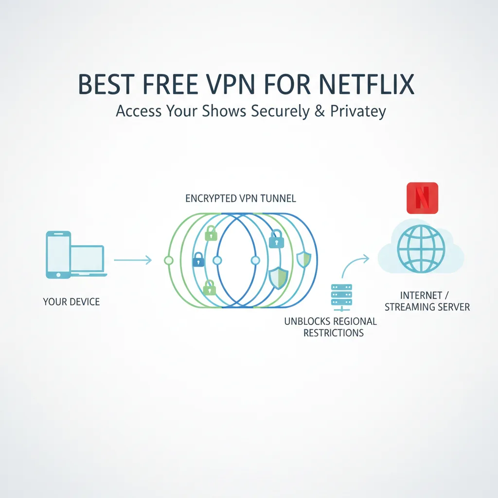 Simple clean infographic-style diagram illustrating: best free VPN for Netflix. Context: Best free VPN for Netflix. Flat