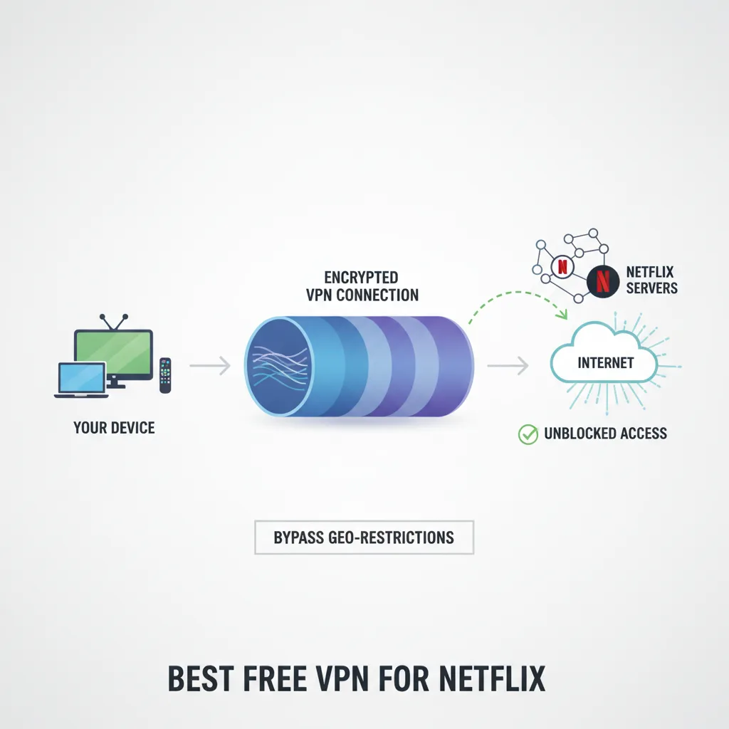 Prosty, przejrzysty diagram w stylu infografiki ilustrujący: najlepsza darmowa sieć VPN dla Netflix. Kontekst: Najlepsza darmowa sieć VPN współpracująca z N