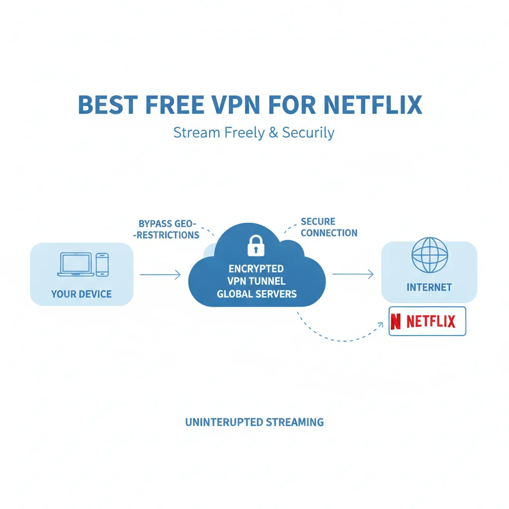 Prosty, przejrzysty diagram w stylu infografiki ilustrujący: najlepsza darmowa sieć VPN dla Netflix. Kontekst: Najlepsza darmowa sieć VPN współpracująca z N