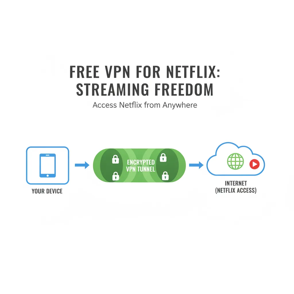 Prosty, przejrzysty diagram w stylu infografiki ilustrujący: najlepsza darmowa sieć VPN dla Netflix. Kontekst: Najlepsza darmowa sieć VPN współpracująca z N