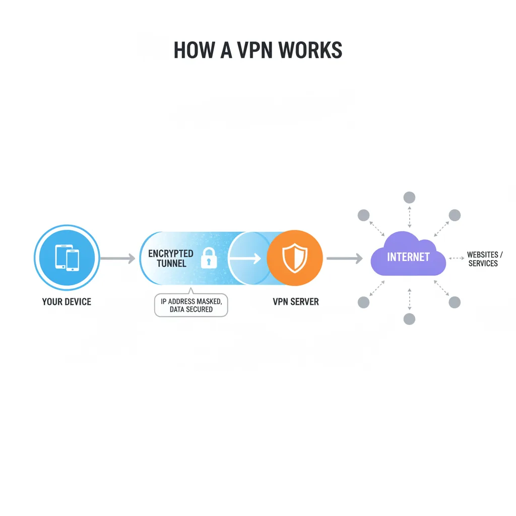 Simple Clean infographic-style diagram illustrating: VPN 작업은 어떻게 해야 하나요? 컨텍스트: 간단한 측면에서 VPN 작업은 어떻게.