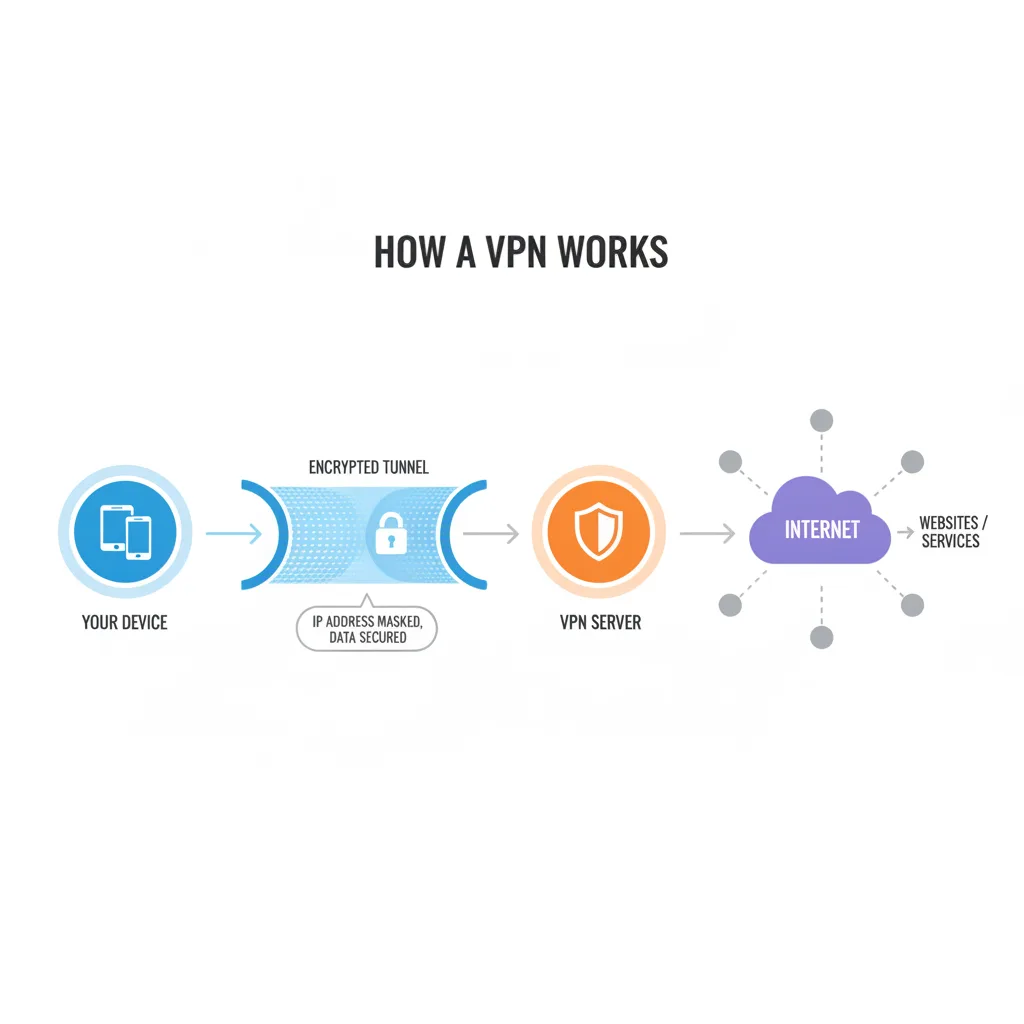 Simple Clean infographic-style diagram illustrating: VPN 작업은 어떻게 해야 하나요? 컨텍스트: 간단한 측면에서 VPN 작업은 어떻게.