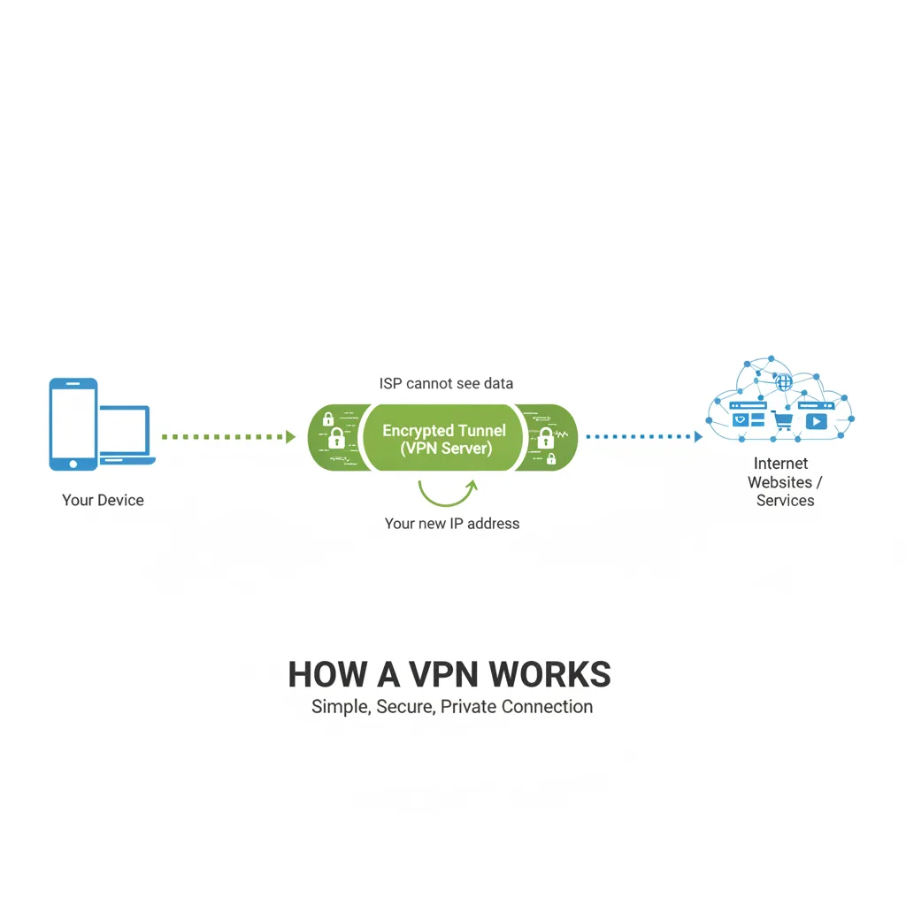 Simple Clean infographic-style diagram illustrating: VPN 작업은 어떻게 해야 하나요? 컨텍스트: 간단한 측면에서 VPN 작업은 어떻게.