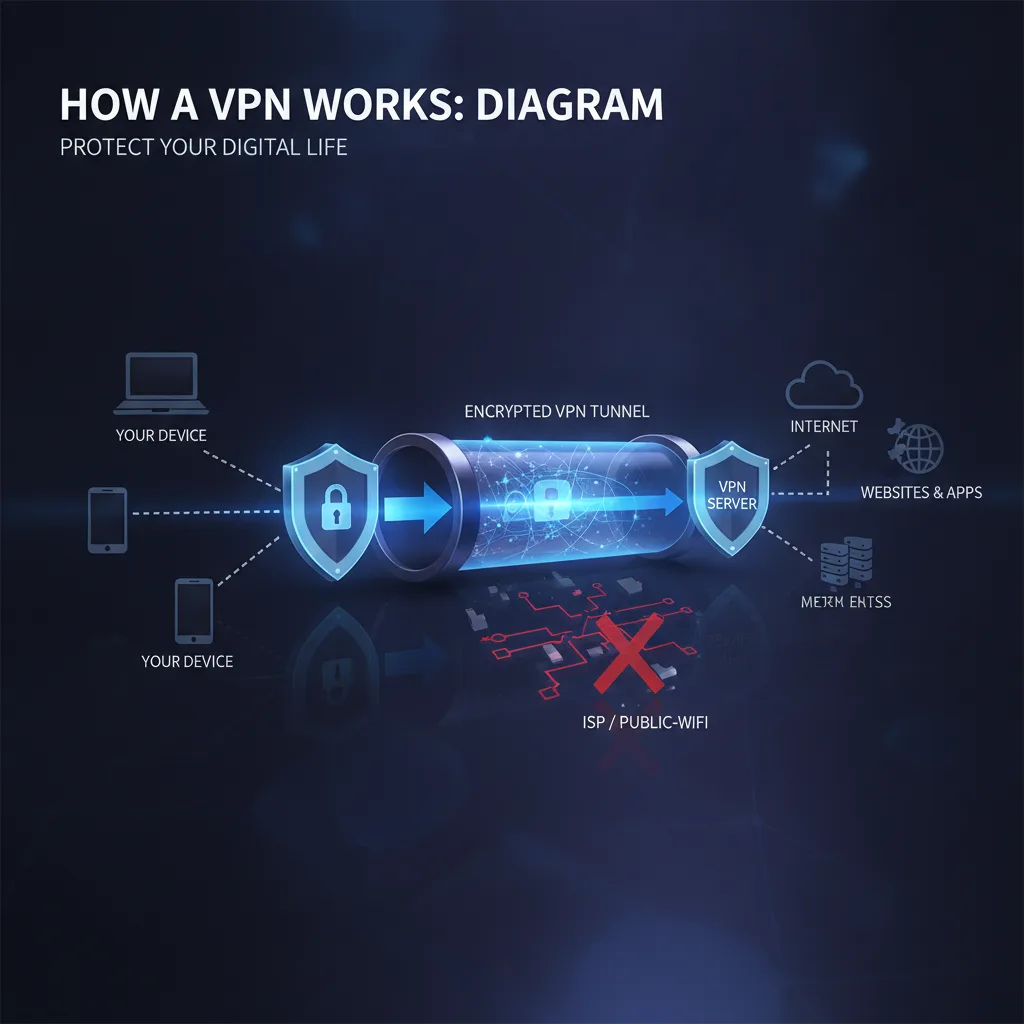 Editorial blog hero image for a VPN product article about: how vpn works diagram. Topic context: How VPN works diagram. 