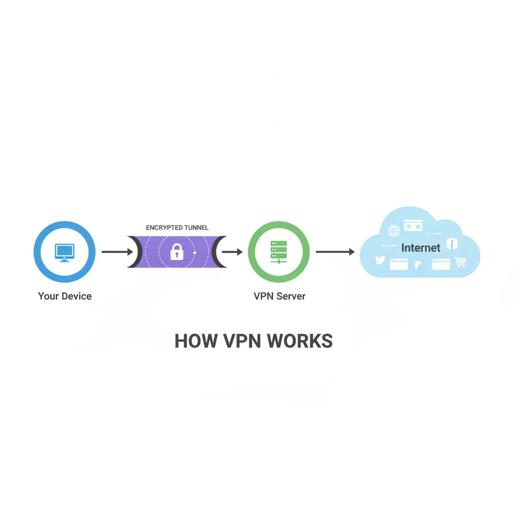 Simple clean infographic-style diagram illustrating: how vpn works diagram. Context: How VPN works diagram. Flat modern 