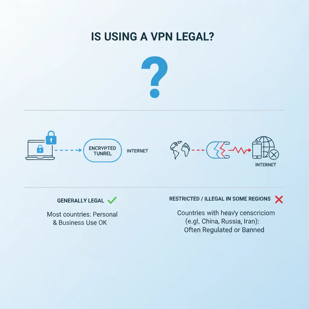 Simple clean infographic-style diagram illustrating: is using a VPN legal. Context: Is using a VPN legal?. Flat modern i