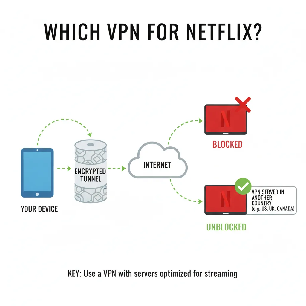 Simple clean infographic-style diagram illustrating: which VPN to use for Netflix. Context: Which VPN to use for Netflix